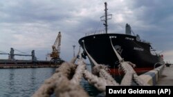 A ship full of grain sits anchored in the Ukrainian port of Odesa on July 29. 