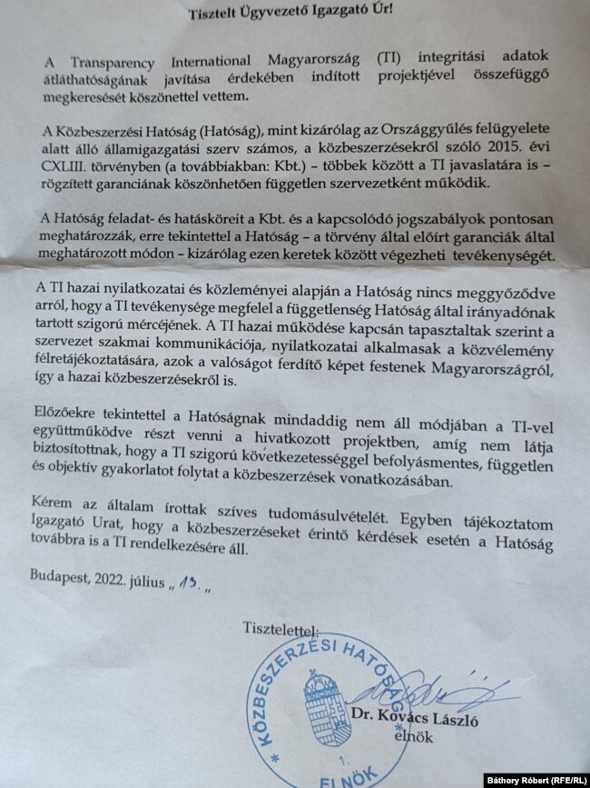 A TI Magyarországnak küldött levél, amelyben a hatóság elnöke közli: szerinte a szervezet nem független és nem objektív.