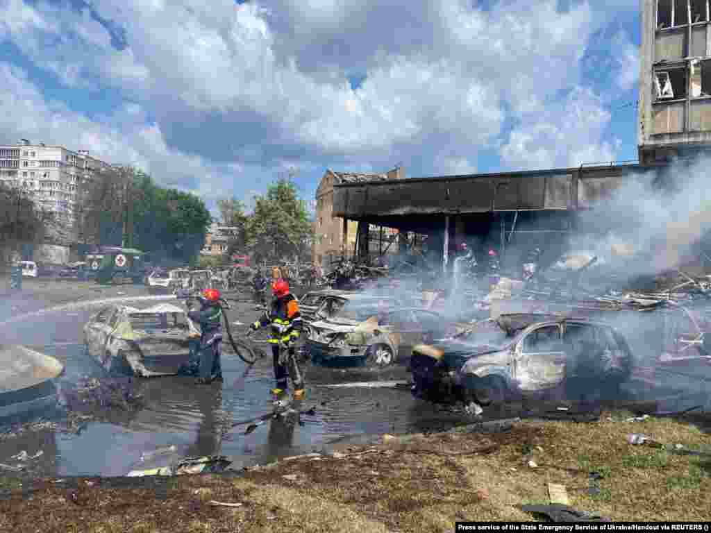 A shopping center, wedding hall, and a dance studio were struck. The city is hundreds of kilometers from the front line and has served as a hub for humanitarian aid.