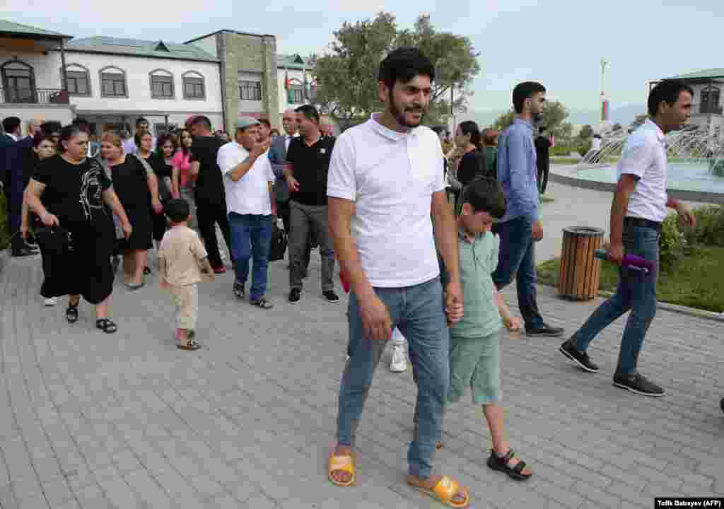 A group of internally-displaced families visit Agali, in Azerbaijan&rsquo;s southwestern region of Zangilan on July 19. The province was held by ethnic Armenians from 1993 until Baku launched a war to reclaim territory in and around Nagorno-Karabakh in September 2020. &nbsp;