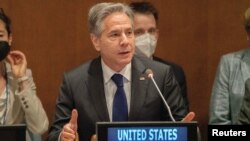 U.S. Secretary of State Antony Blinken speaks at a sideline meeting of the Nuclear Non-Proliferation Treaty review conference in New York City, August 1, 2022.