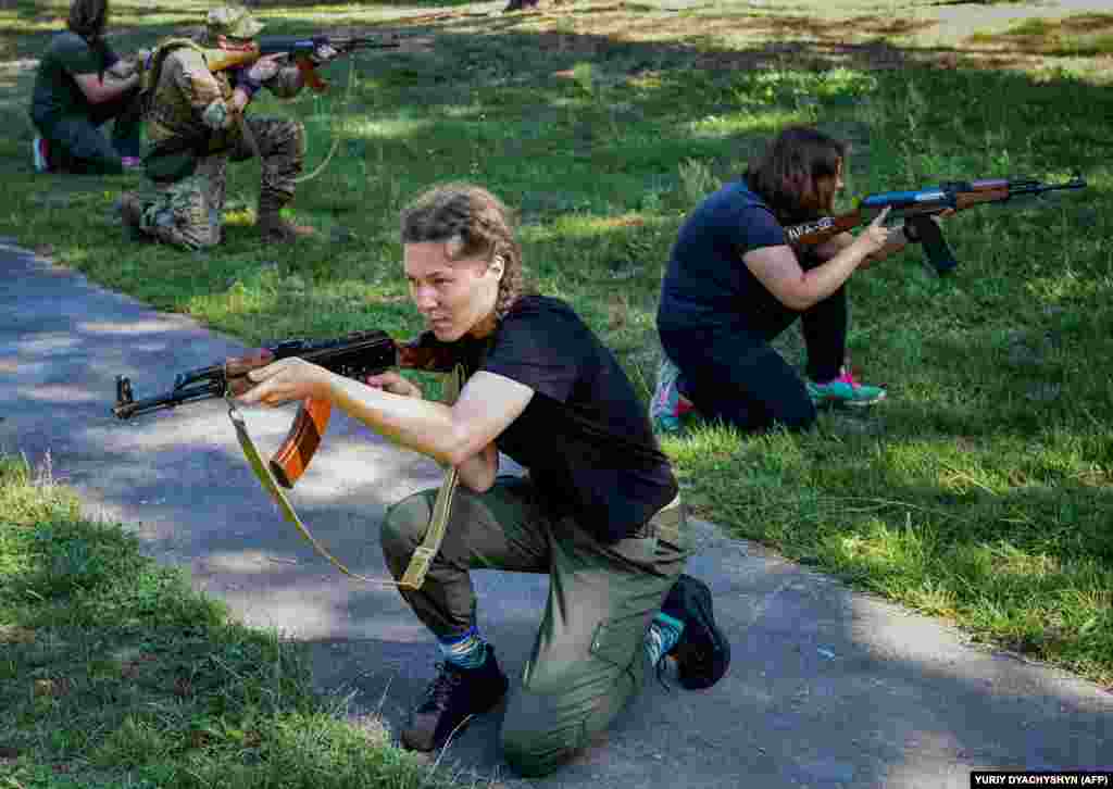Women are doing their part for the war effort, undergoing military training in the Lviv region on August 3.