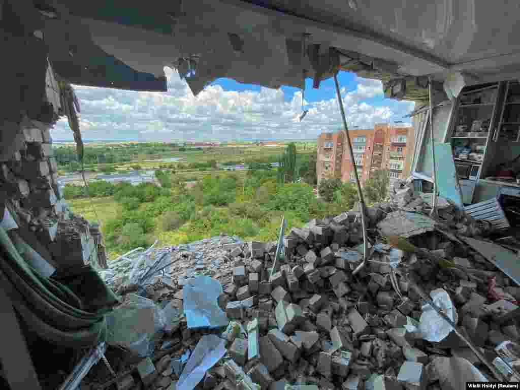 The view from an apartment building destroyed by a Russian artillery strike in Kharkiv, Ukraine.