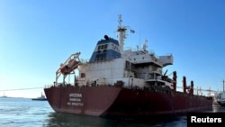 The Liberia-flagged bulk carrier Arizona is seen in the sea port of Pivdenniy on August 8 after the resumption of grain exports.