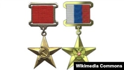 The new Russian "Hero of Labor" medal (right) has a different design to it old Soviet-era counterpart (left)