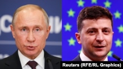 Russiýanyň prezidenti Wladimir Putin (çepde) we Ukrainanyň prezidenti Wolodymyr Zelenskiý