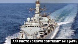 This February 5, 2015 handout photo released by the Ministry of Defence in London on August 12, 2019, shows Britain's HMS Kent as the Type 23 frigate warship carries out duties off the coast of Djibouti. 