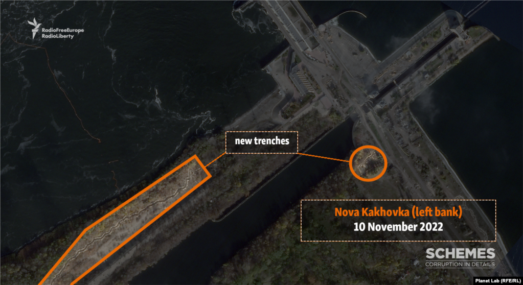 A satellite image taken on November 10 showing the Nova Kakhovka hydroelectric plant, after Russian forces dug defensive trenches.
