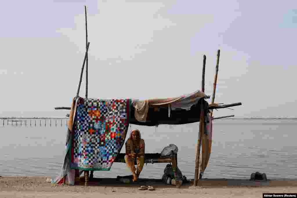 With dry land limited, displaced people like this man in Mehar are seeking elevated positions to escape the flooded plains.