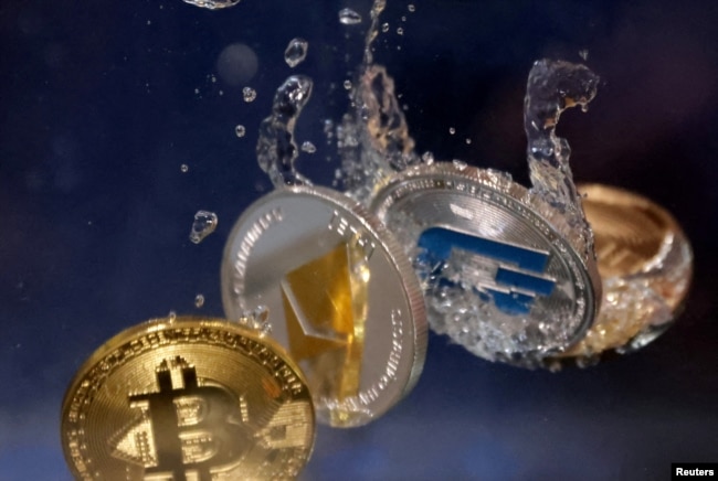 An illustration of the Bitcoin, Ethereum, and Dash cryptocurrencies plunging into water.