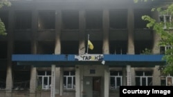 The Harant school in Lysychansk after it was shelled in May. (Photo taken and provided by Harant teacher Ivan Shybkov.)