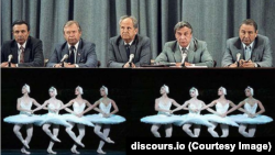 Membrii GKCP la conferința lor de presă din 19 august 1991. De la stânga la dreapta: A. Tizeakov, V. Starodubțev, B. Pugo, Gh. Ianaev, O. Baklanov. Lipsesc: prim-ministrul URSS; președintele KGB al URSS și ministrul apărării al URSS. Imagine preluată de pe discours.io