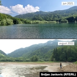 Biogradsko jezero u vrijeme normalnih padavina (jun 2021.) i nakon dugotrajnih suša (avgust 2022.). Foto: Srđan Janković i Aleksandar Ljumović