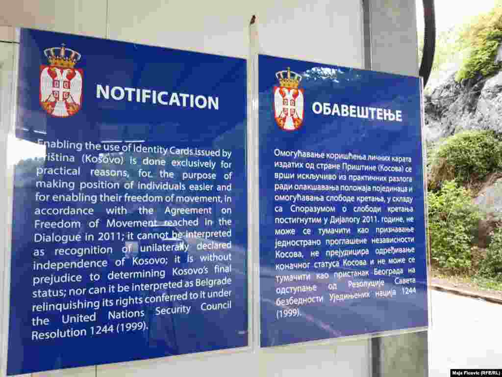 A sign on the Serbian side of the Jarinje border crossing references an agreement over identity cards on August 31. The fresh tensions come just days after a major breakthrough over identity cards was reached. On August 27, Kosovo and Serbia agreed to allow freedom of movement across the border for their citizens, ending a contentious requirement for entry-exit documents.