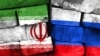 Concept of the relationship between Iran and Russia with two painted flags on a damaged brick wall