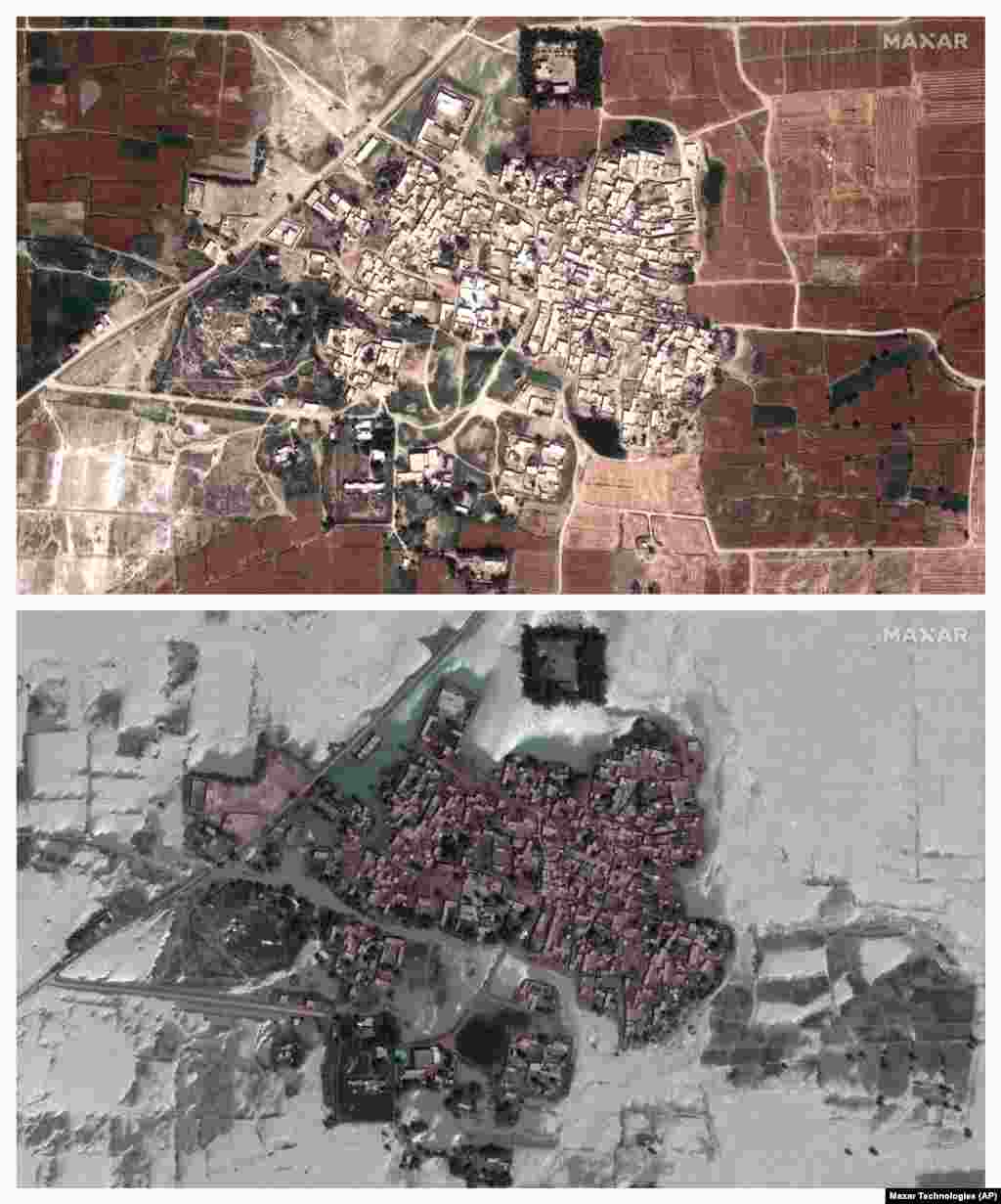 Această combinație de fotografii din 24 martie și 28 august 2022, furnizate de Maxar Technologies, arată un sat și câmpurile din Rajanpur, Pakistan, în urma inundațiilor.&nbsp;