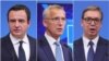 Šef NATO-a Stoltenberg (u sredini) na odvojenim pres-konferencijama sa kosovskim premijerom Kurtijem (levo) i predsednikom Srbije Vučićem (desno) u Briselu, 17. avgust 2022.