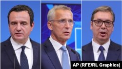 Sekretari i Përgjithshëm i NATO-s, Jens Stoltenberg (në mes), kryeministri i Kosovës, Albin Kurti (majtas) dhe presidenti serb, Aleksandar Vuçiq. 