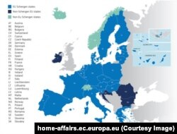 Harta țărilor care fac parte din spațiul Schengen.