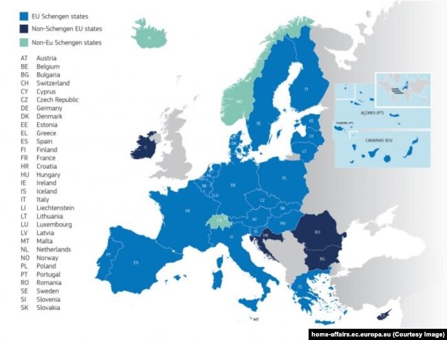 Harta țărilor care fac parte din spațiul Schengen.