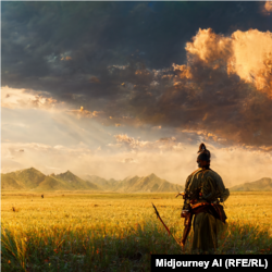 Иллюстративное изображение. Кыргызский воин, выживший в битве, смотрит на закат. Изображение сделано с помощью искусственного интеллекта (Midjourney AI).