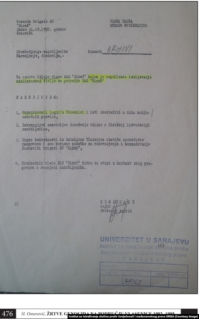 Naredba o osnivanju logora Sušica od 31. maja 1992. godine, sa potpisom Svetozara Andrića.