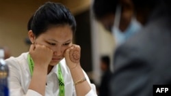 Bibisara Asaubaeva competes at the 44th Chess Olympiad 2022 in Mahabalipuram, India, in August 2022.