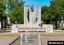 A monument titled Glory To Work in the center of Kohtla Jarve, northeastern Estonia.