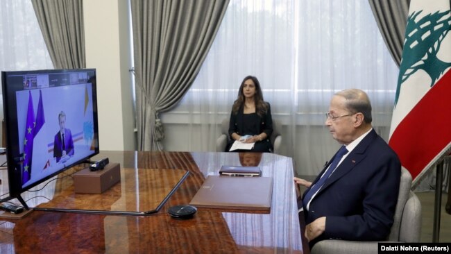 میشل عون، رئیس‌جمهور لبنان، در کنفرانس مجازی کمک‌های اقتصادی به لبنان به میزبانی مشترک فرانسه و سازمان ملل