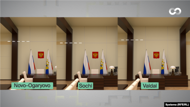 A visualization based on multiple pieces of evidence shows the placement of the seam on the wall behind Putin's desk at the three offices.