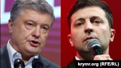 A combination photo of Ukrainian President Petro Poroshenko (left) and his election challenger Volodymyr Zelenskiy. 