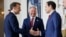 French President Emmanuel Macron (left), welcomes US special envoy Steve Witkoff (center), and US Secretary of State Marco Rubio (right) for a meeting at the Elysee Palace in Paris on April 17, 2025.