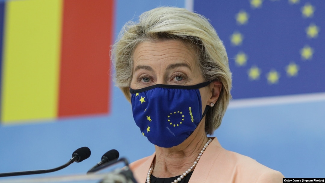 European Commission President Ursula von der Leyen speaking in Bucharest.