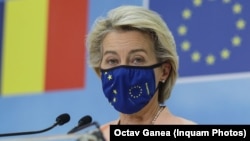 European Commission President Ursula von der Leyen speaking in Bucharest.