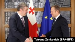 პრემიერ-მინისტრი, გიორგი კვირიკაშვილი და ევროკავშირის საბჭოს ხელმძღვანელი, დონალდ ტუსკი. ბრიუსელი, 2017 წლის 23 ნოემბერი