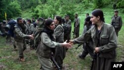 Luftërarët e PKK përshëndeten me shokët e tyre derisa arrijnë qytetin verior irakian të Dohuk, 14 maj 2013