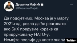 Poruka koju je na Twitteru objavila parlamenarka Dušanka Majkić