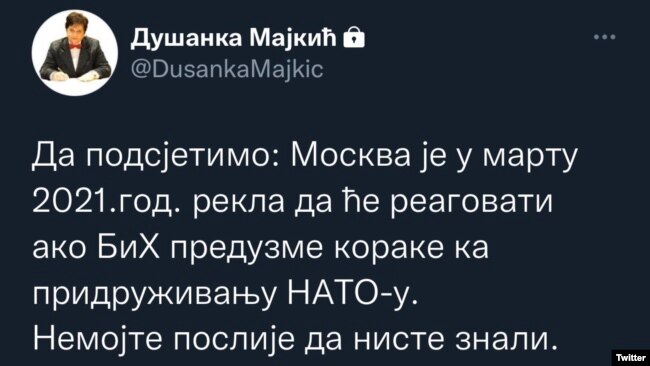 Poruka koju je na Twitteru objavila parlamenarka Dušanka Majkić