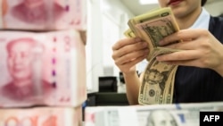 A Chinese bank employee counts 100-yuan notes and US dollar bills at a bank counter in Nantong in China's eastern Jiangsu province, August 6, 2019. FILE PHOTO