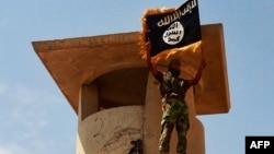 Боевик «Исламского государства» с флагом группировки. Север Ирака, 11 июня 2014 года.