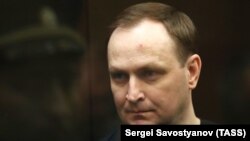 Denis Sugrobov, former chief of the Russian Interior Ministry's Anticorruption and Economic Crimes Directorate, attends a court hearing in Moscow on April 27.