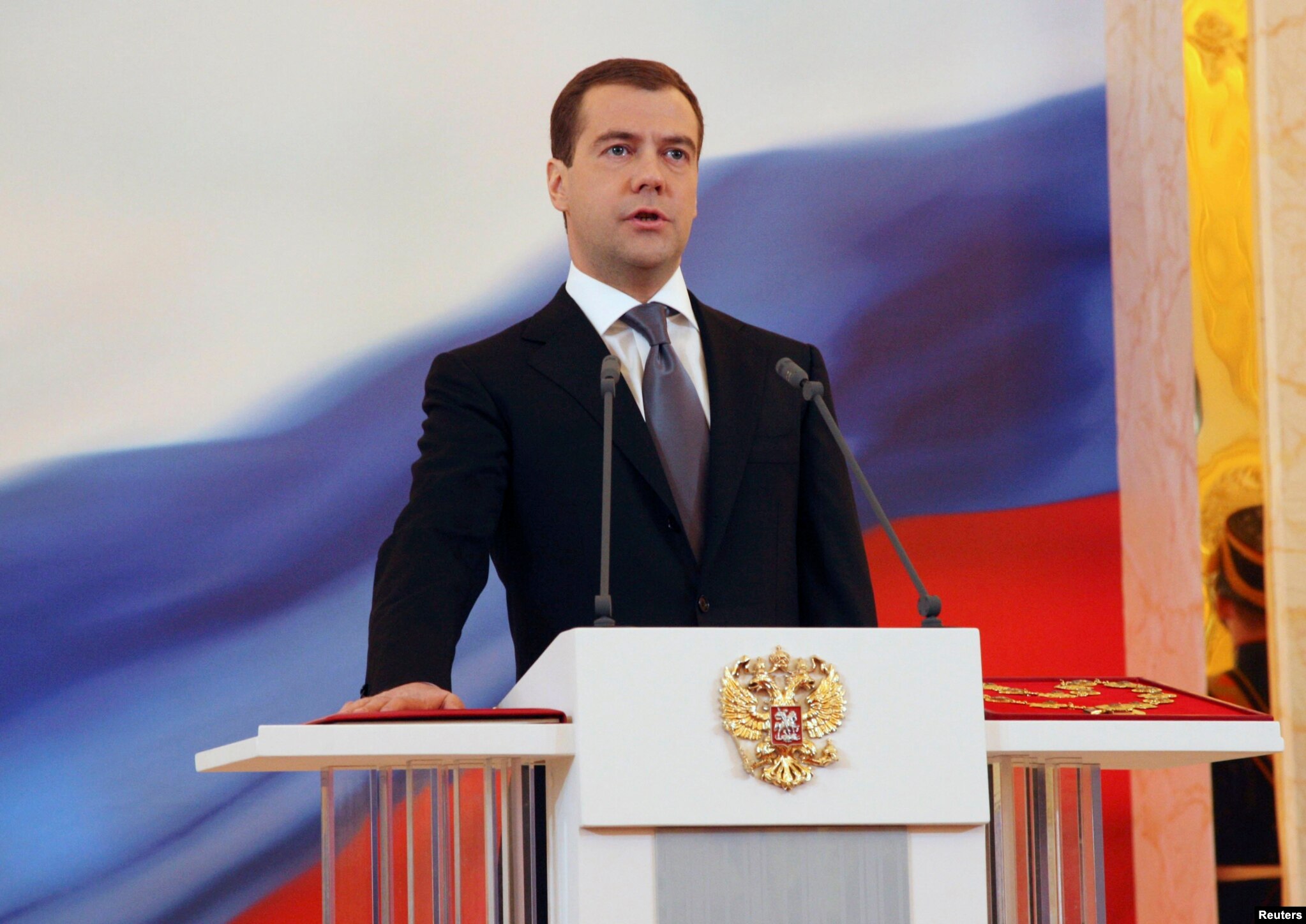 Dmitry Medvedev is sworn in as Russian president in the Kremlin throne room on May 7, 2008. The following day, Medvedev appointed Putin prime minister, as he had promised to do during the election campaign. The pair were sometimes referred to in the press as a "ruling tandem."   