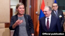 Belgium - EU foreign policy chief Federica Mogherini and Armenian Foreign Minister Zohrab Mnatsakanian arrive for a meeting of the EU-Armenia Partnership Council in Brussels, 21 June 2018.