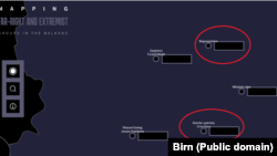 Screenshot interaktivne mape BIRN-a na kojoj su kao ekstremističke organizacije navedene, između ostalih: feministička grupa "Bogougodnice" i neregistrovana organizacija "Komite i patriote Crne Gore". 