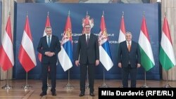 Predsednik Srbije Aleksandar Vučić, predsednik Vlade Mađarske Viktor Orban i kancelar Austrije Karl Nehamer na sastanku o migracijama. Beograd, 16.11.2022