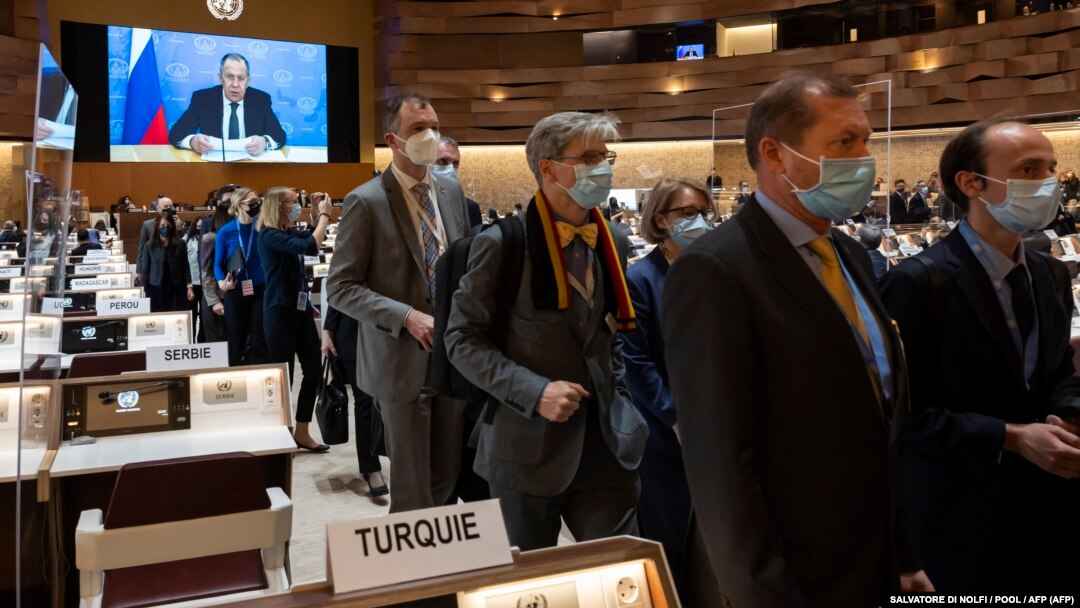 Many ambassadors and diplomats walked out while Russian Foreign Minister Sergei Lavrov spoke in a prerecorded video message at the 49th session of the UN Human Rights Council in Geneva on March 1.