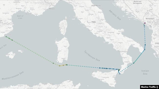 Itinerari i jahtit Galactica Super Nova nga Barcelona (Spanjë) në Tivat (Mali i Zi) sipas portalit Marine Traffic i specializuar në gjurmimin e anijeve. 1 mars, 2022