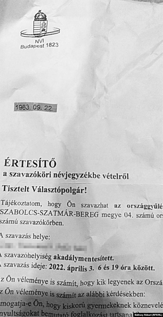 A levélben az NVI arról tájékoztatja Károlyt, hogy április 3-án szavazóként részt vehet az országgyűlési választásokon