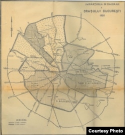 Împărțirea Bucureștiului în raioane, harta oficială din 1950. Arhivele Naționale.