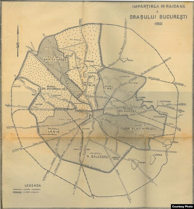 Împărțirea Bucureștiului în raioane, harta oficială din 1950. Arhivele Naționale.